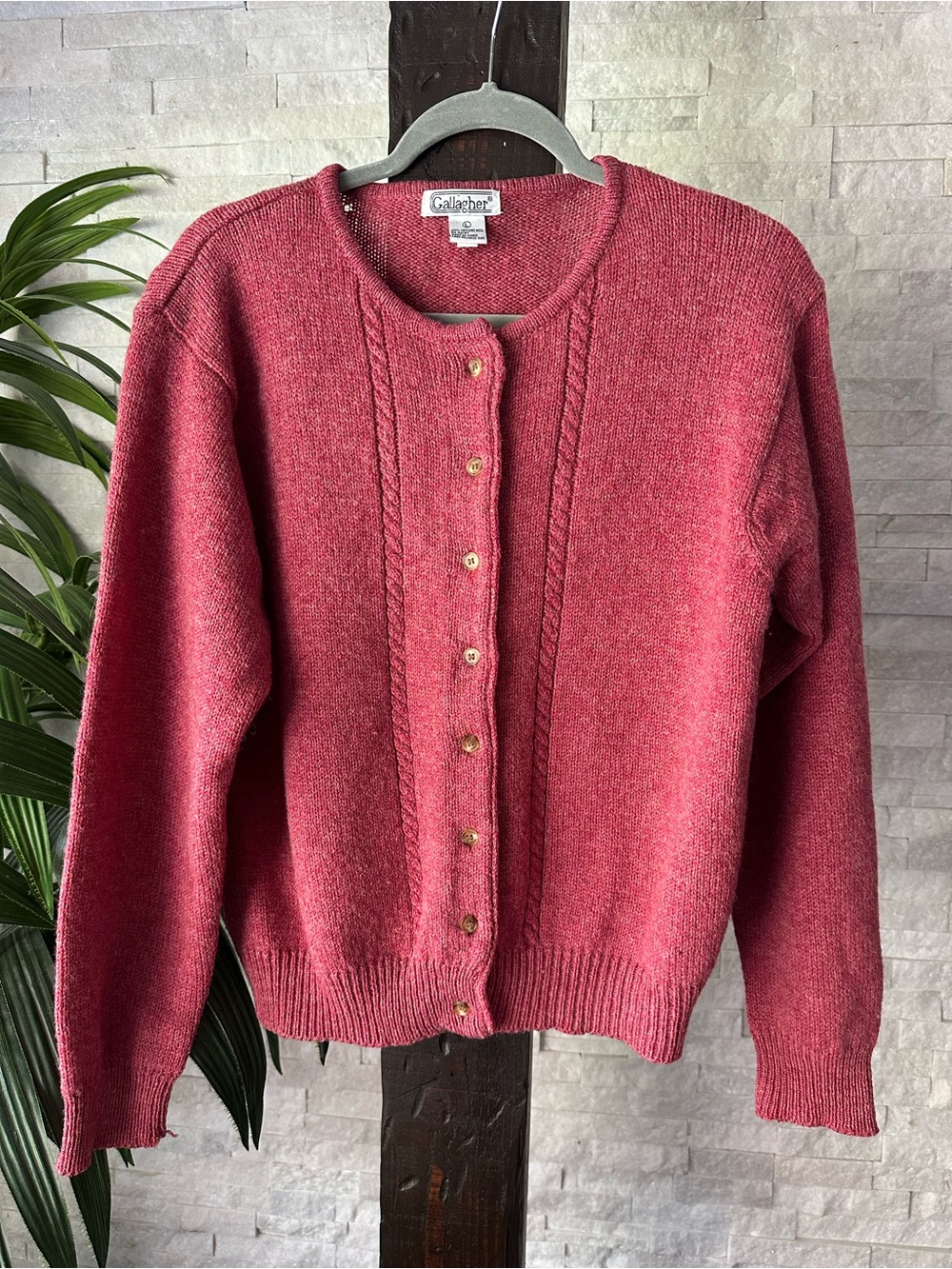 Gallagher Rose Pink Shetland Wool Button-Up Cabled Trim Vintage Sweater Size L